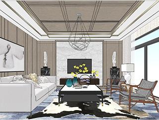 06现代北欧低奢新中式别墅客厅 su草图模型下载