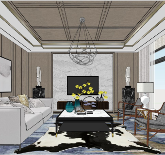 06现代北欧低奢新中式别墅客厅 su草图模型下载