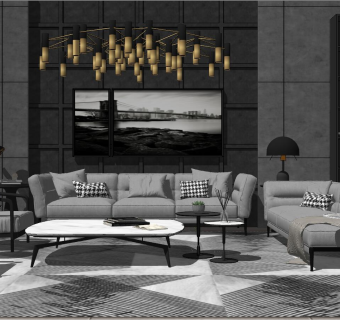 39后现代简约港式法式客厅su草图模型下载