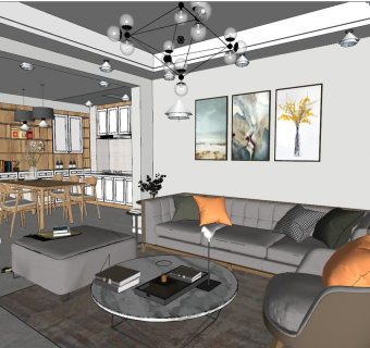 57后现代北欧港式新中式日式客厅su草图模型下载