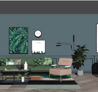 43现代北欧式轻奢工业风客厅su草图模型下载