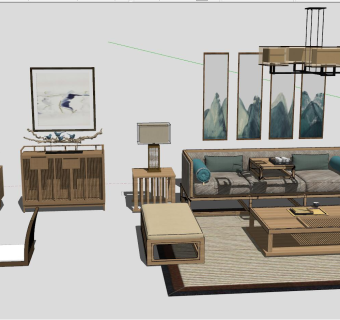 30新中式日式东南亚泰式风格客厅su草图模型下载