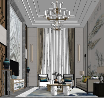 60新中式别墅客厅su草图模型下载