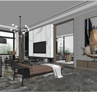 10后现代港式北欧新中式客厅su草图模型下载