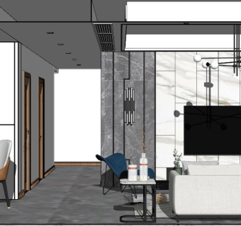 09后现代港式北欧轻奢客厅su草图模型下载