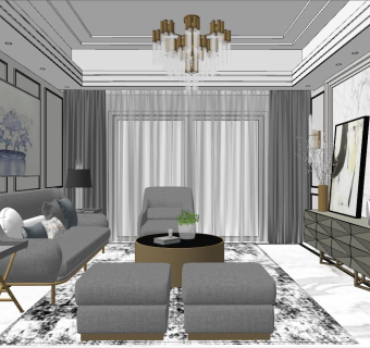 35后现代简约港式低奢客厅su草图模型下载