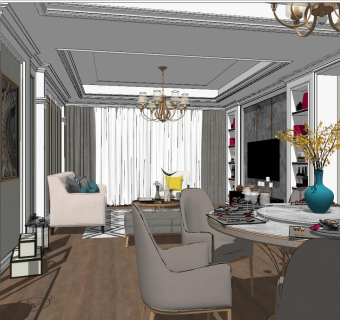 21简欧美式法式客厅su草图模型下载