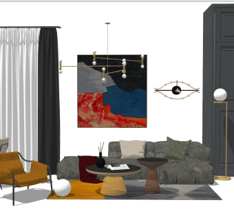 13北欧现代工业风轻奢客厅su草图模型下载