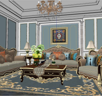 05美式简欧式法式客厅su草图模型下载