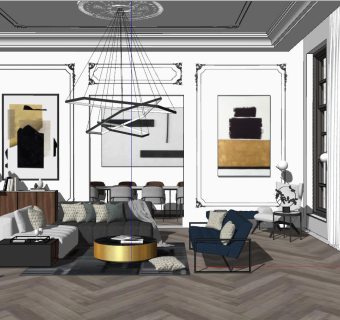 15法式美式现代北欧轻奢客餐厅su草图模型下载