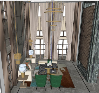 39新中式别墅客厅su草图模型下载