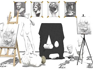 (30)现代美术教师素描画板大卫人物人头雕塑雕像摆件su草图模型下载