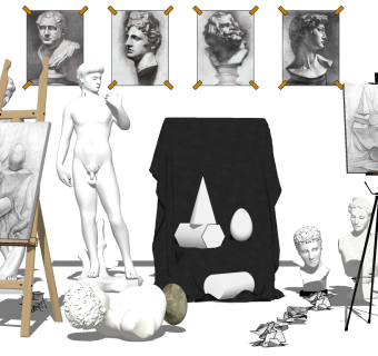 (30)现代美术教师素描画板大卫人物人头雕塑雕像摆件su草图模型下载