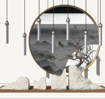 (39)中式景观石头圆形造景造型松树树枝景观树吊灯su草图模型下载