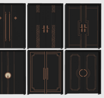 6新中式实木雕花双开大门组合su草图模型下载