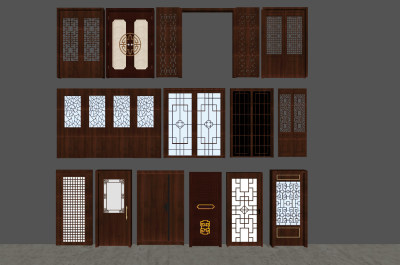 4中式花格花窗屏风隔断推拉门实木门su草图模型下载