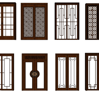 10中式新中式雕花木制花隔滑轨推拉门su草图模型下载