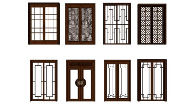 10中式新中式雕花木制花隔滑轨推拉门su草图模型下载