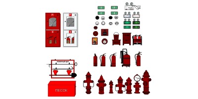 21消防箱 消火栓 灭火器 安全指示牌应急照明灯 烟感喷淋报警器su草图模型下载