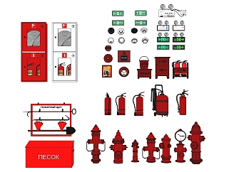 21消防箱 消火栓 灭火器 安全指示牌应急照明灯 烟感喷淋报警器su草图模型下载