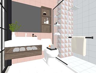 6北欧现代卫生间木纹浴室su草图模型下载