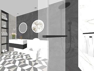 55北欧现代简约花砖卫生间浴室柜su草图模型下载