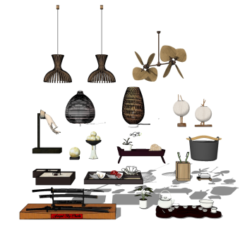 1新中式东南亚藤编编织民宿台灯吊灯风扇吊灯茶具摆件武士刀su草图模型下载