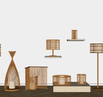 新中式日式禅意藤编台灯灯具组合,灯具,落地灯,台灯su草图模型下载