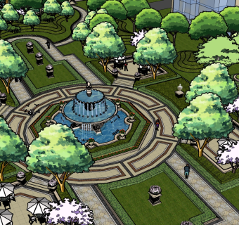 15欧式别墅住宅园区景观规划设计水景喷泉水池  su草图模型下载