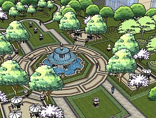 15欧式别墅住宅园区景观规划设计水景喷泉水池  su草图模型下载