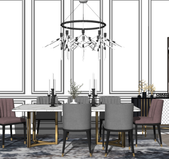 11现代轻奢简欧式餐桌椅吊灯餐边柜玄关柜摆件植物盆栽su草图模型下载