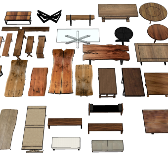 7现代实木大板茶桌桌子餐桌圆形桌子茶具组合木板凳su草图模型下载