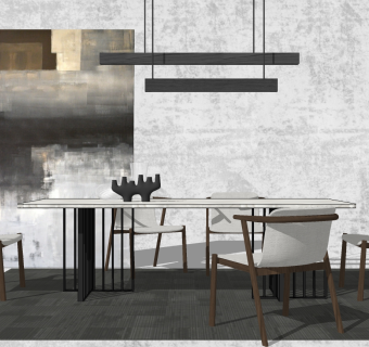 24北欧现代餐桌椅实木单人沙发椅子大理石桌子吊灯su草图模型下载