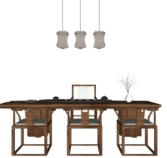 23中式茶室实木茶台茶桌椅子茶具摆件吊灯组合su草图模型下载