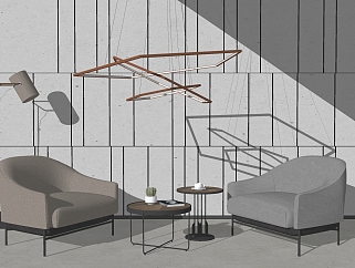 1现代北欧简约高级灰沙发椅茶几金属吊灯 组合su草图模型下载