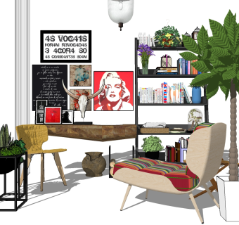 3北欧现代单人休闲沙发椅子书架羊头挂饰休闲躺椅su草图模型下载