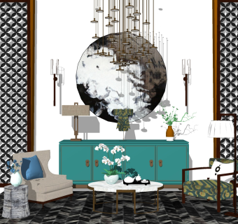 4新中式客厅单人休闲椅子沙发茶几兰花玉兰花壁灯吊灯玄关柜端景台边柜花架摆台花格su草图模型下载