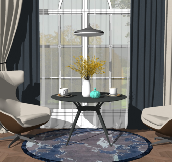 10北欧现代单人休闲沙发椅子办公椅转椅圆桌窗帘su草图模型下载