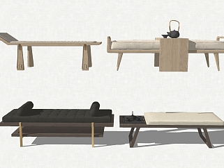 20新中式床尾凳脚踏床尾凳茶壶茶具su草图模型下载