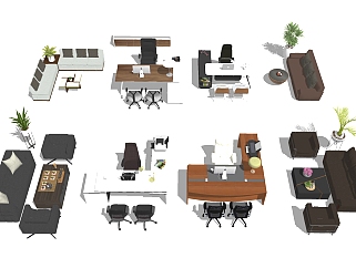 15现代办公室沙发班台老板台办公桌椅子组合su草图模型...
