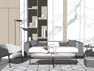6现代轻奢北欧双人沙发单人沙发单椅子茶几边几书柜背景墙su草图模型下载