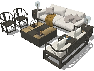15新中式古典实木家具沙发茶几圈椅灯几罗汉床卧榻su草图模型下载