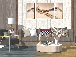 13现代轻奢简欧客厅现代单人沙发椅子多人沙发茶几金属烛台摆件挂画组合su草图模型下载