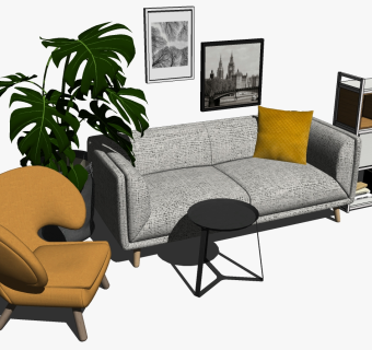 14北欧现代单人沙发椅子双人沙发茶几书柜储物柜大叶子绿植盆栽组合su草图模型下载