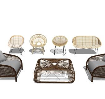 202民宿户外藤编编织休闲椅子沙发单人沙发茶几su草图模型下载