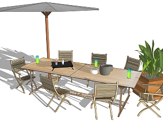 205户外沙滩休闲餐桌椅太阳伞遮阳伞组合su草图模型...