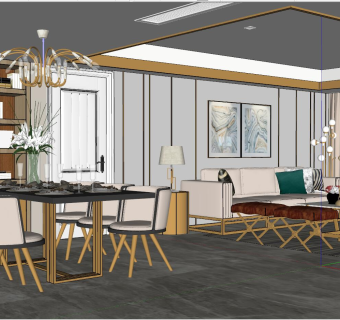 019后现代港式轻奢客厅su草图模型下载