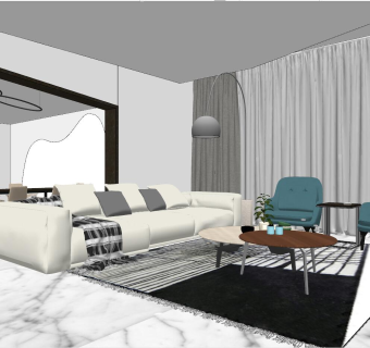 023后现代简约工业风客厅su草图模型下载