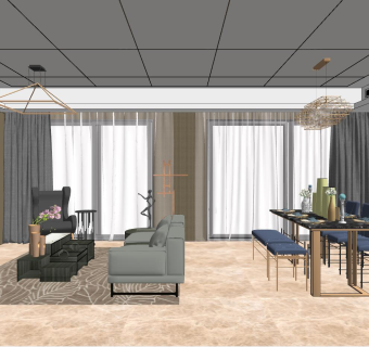 068后现代简约港式轻奢客厅su草图模型下载