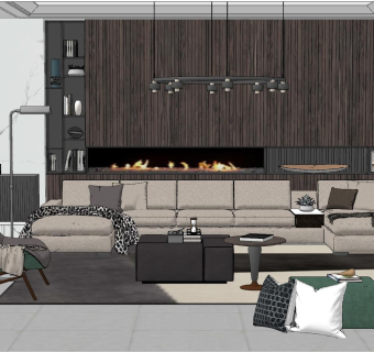 074后现代港式北欧客厅su草图模型下载